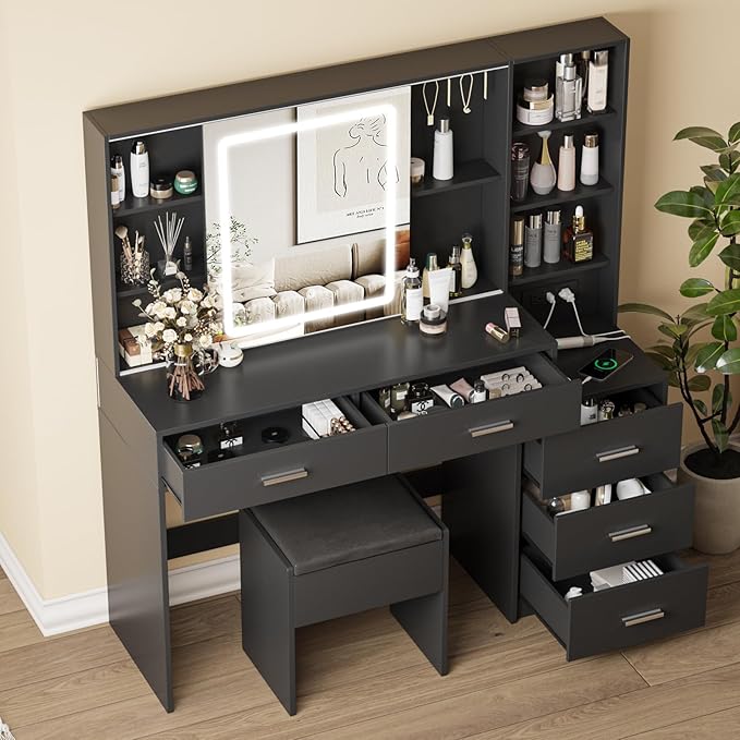 Fameill Makeup Vanity Desk with Sliding Mirror, Vanity Table with 3 Color Lighting, Vanity Table Set with Chair, 5 Drawer Storage, 5 Hooks, Charging Station and Ample Storage, Black
