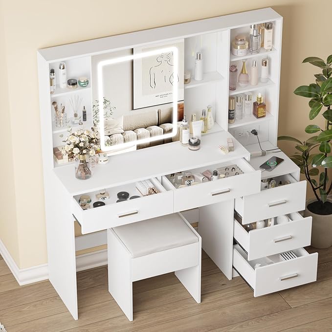 Fameill Makeup Vanity Desk with Sliding Mirror, Vanity Table with 3 Color Lighting, Vanity Table Set with Chair, 5 Drawer Storage, 5 Hooks, Charging Station and Ample Storage, White
