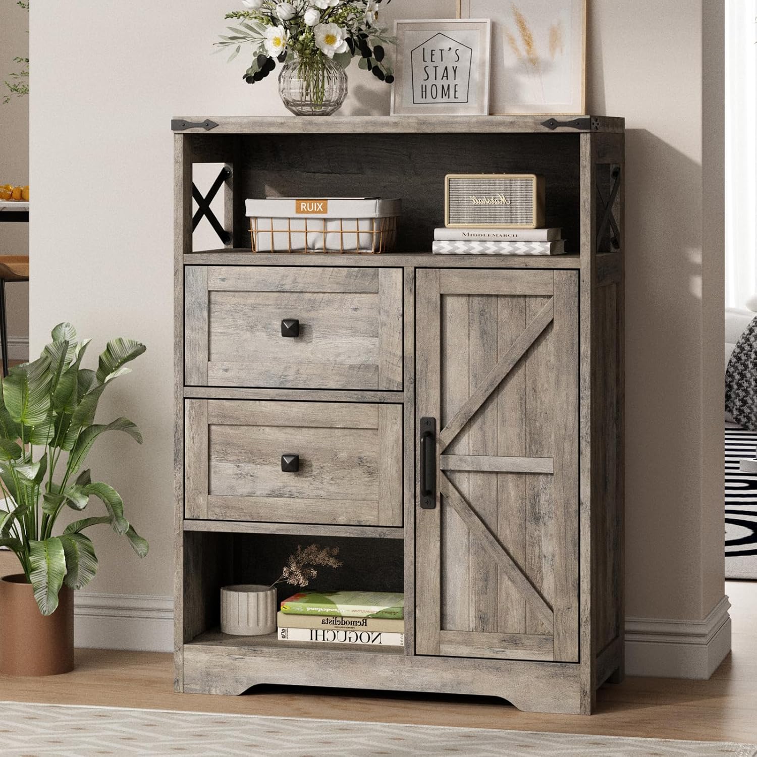 Farmhouse Storage Cabinet with 2 Drawers & Shelves,Freestanding Kitchen Cabinet with Doors,Floor Storage Organization for Living Room,Bathroom,Laundry,Grey